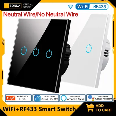 BONDA WiFi Smart Switch Alexa RF433 Keine neutrale Tuya-Steuerung funktioniert mit Google 1/2/3 Gang Smart Life Home Light Touch Switches EU