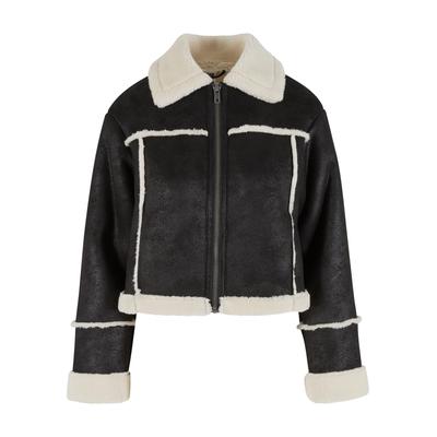 Winterjacke URBAN CLASSICS "Urban Classics Ladies Shearling Jacket", Damen, Gr. L, schwarz-weiß (schwarz, sandweiß), 100% Polyester, unifarben, klassisch, normal, ohne Ausschnitt, Langarm, Jacken Image
