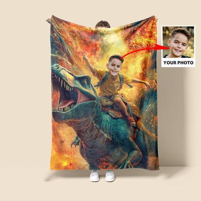Little Boy Riding Dinosaur Personalized Photo Blanket Customizable Soft and Cozy Throw Features a Fun Dinosaur Design with Your Photo Perfect for Kids' Rooms Gifts or Keepsakes Durable and Comfortab