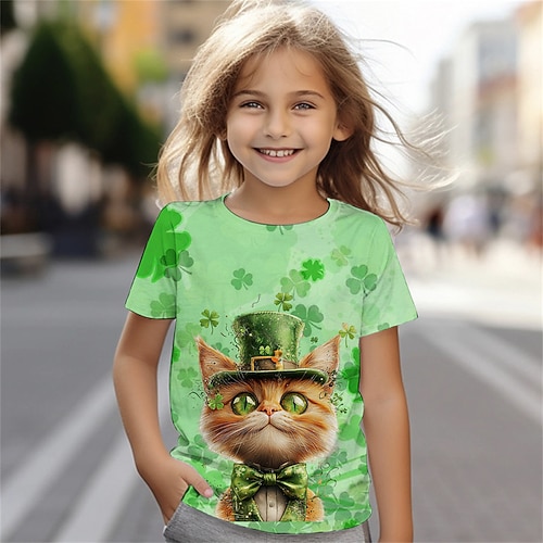 St. Patrick Mädchen 3D Graphic Katze Vierblättriges Kleeblatt T-Shirt Kurzarm Sommer Frühling Modisch Basic kinderkleidung 4-12 Jahre Rundhalsausschnitt Outdoor Casual Täglich Regular Fit Image