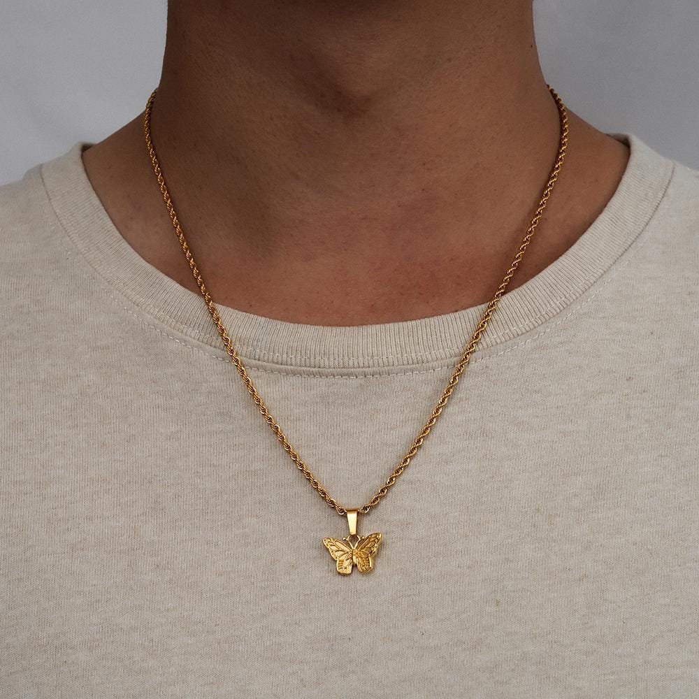 Collana da uomo - Collana con ciondolo a farfalla in oro per uomo - Ciondolo in oro da uomo - Ciondolo con catena in oro 18 carati - Gioielli da uomo