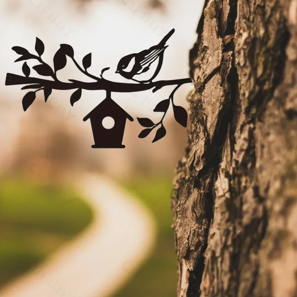 Praktischer Kunstspatz, Metallvogel mit Haus im Freien – rustikale Outdoor-Haus- und Gartendekoration, Tierhof-Kunst – Einweihungsgeschenk
