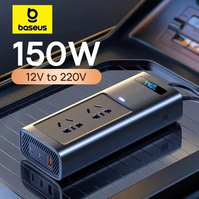 Baseus 150W Auto-Wechselrichter DC 12V zu AC 220V EU Auto Power Inversor USB Typ C Schnellladegerät für Auto-Netzteil Tragbares Licht