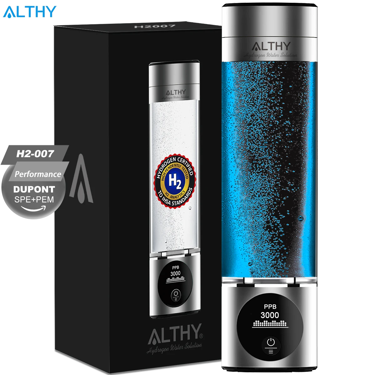 ALTHY Performance Wasserstoff-Wassergenerator-Flasche DuPont SPE+PEM Dual Chamber Lonizer + PPB&Zeitanzeige + H2-Inhalationsgerät Image