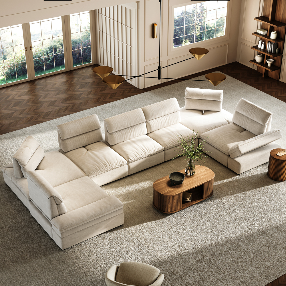 203.94"+U Shaped Sectional Sofa with Adjustable Backrest & Armrests, 23.62"- 35.43"Seating Depth, Segmented Backrest, Anti-scratch and Water-proof Fabric, Beige