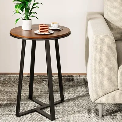 Round End Tables, Small Side Table Walnut Color MDF Top, Metal Frame Black, Tall End Table for Bed