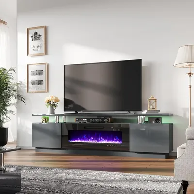 Fireplace TV Stand with 40" Fireplace, 80" Modern High Gloss Fireplace Entertainment Center LED