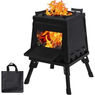 Burning Camp Stove, Portable Cast Iron Camping Wood Stove, Black Woodstove with Carrying Case for