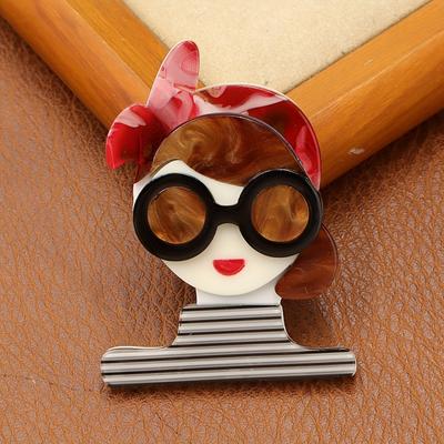 TEMU 2d Flat 1pc Acrylic Girl Brooch With Glasses And Striped Dress Image