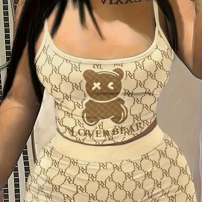 TEMU Women's Letter Print Garter Shorts Pajama Set Image
