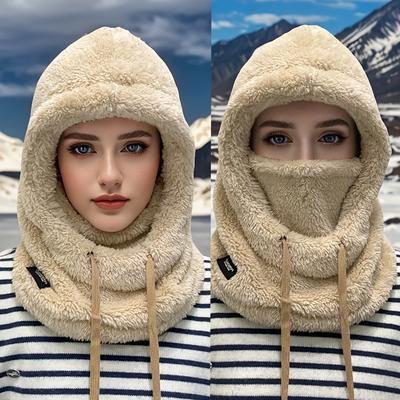 TEMU 1pc Women's Winter Plush Mask Hat - Elastic Face Cover With Drawstring Closure, Lightweight Warm Face Protection For Cycling Skiing Outdoor Sports, Soft Polyester Solid Color Hand Wash Only Image