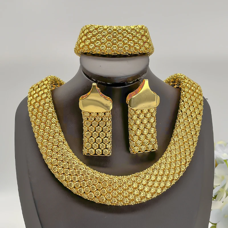 Afrikanische 22k Mode Frauen Halskette Ohrringe Set vergoldet exquisiten Schmuck Nigeria England Braut Schmuck Hochzeits feier Geschenke Image