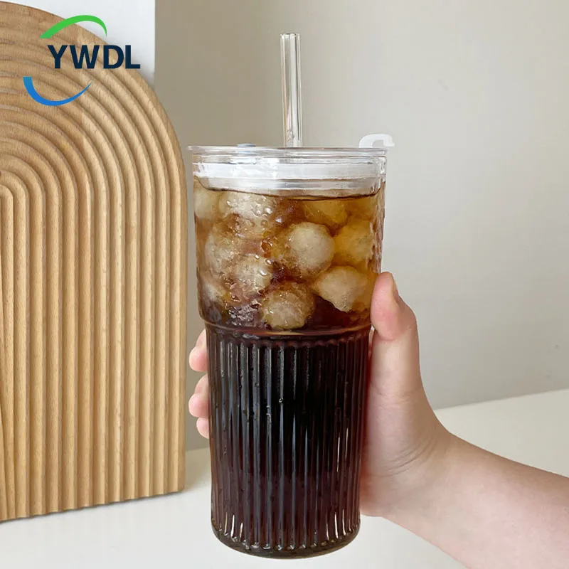 600 ml Streifen Glas Tasse mit Deckel Und Stroh Transparent Milch Tee Saft Tasse Trinkgläser Eis Wasser Kaffee Becher bar Drink Image