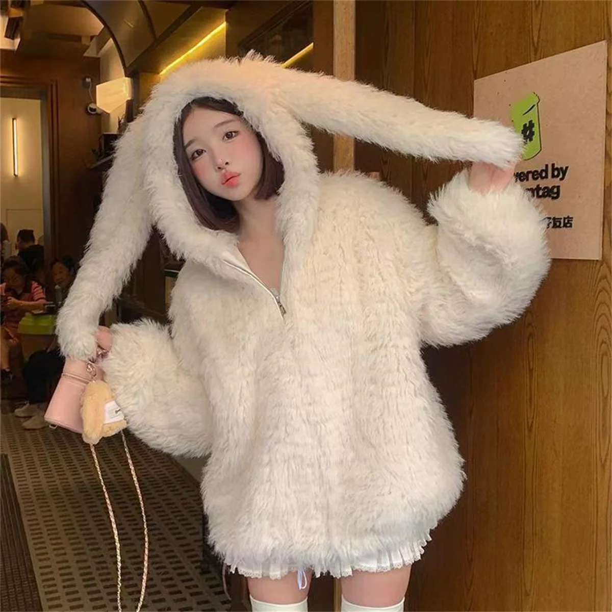 Cute Cartoon Rabbit Ear Hoodie Sweatshirt Women Spring Autumn Punk Hoodies Tops Females Outwear Clothes Zip Up Pink Tops Girl