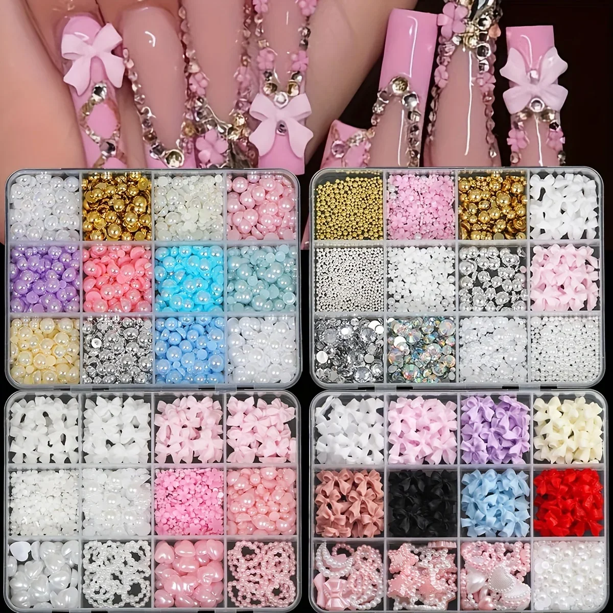 Kit de décoration 3D pour Nail Art, 500 pièces, avec nœuds en résine, perles à dos plat et formes assorties, embellissements artisanaux non parfumés pour bricolage