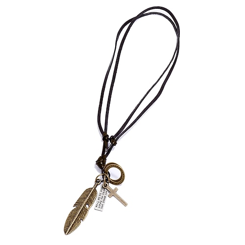 Herren-Halskette mit Vintage-Federanhänger, Kreuz und inspirierenden Anhängern, Lederkordel, perfekt für die Freizeit und als Geschenk Image