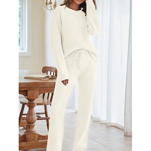 Damen Schlafanzug Set Warm Brautkleider schlicht Komfort Einfarbig Elastische Taille Pullover Hose Heim Täglich Langarm Rundhalsausschnitt Rosa Blau Beige Herbst Winter Image