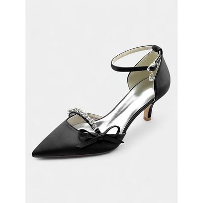 Pointed-Toe Kitten Heel Wedding Shoes for Women – Elegant Ankle Strap Bridal Heels with Rhinestone and Bow Detail