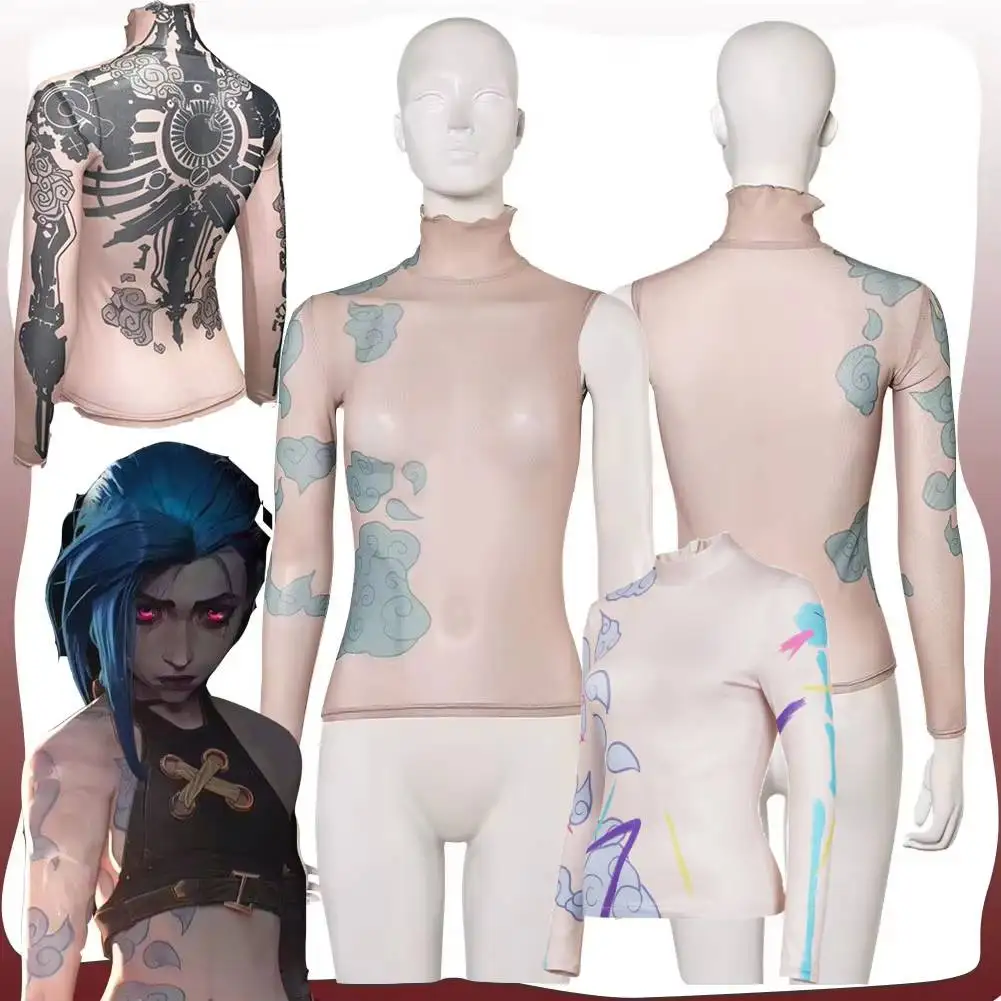 Jinx Arcane Cosplay Frauen Gedruckt Enge Tattoo Shirt Kostüm Spiel LOL Vi Tops Disfraz Disguise Outfits Halloween Karneval Anzug Image