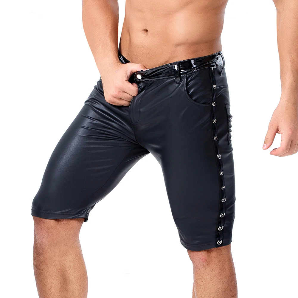 Herren Kunstleder Shorts Hosen Patchwork Seite Knopf Tasche Casual Bleistift Hosen Party Clubwear Bühne Hosen Streetwear 2XL Image