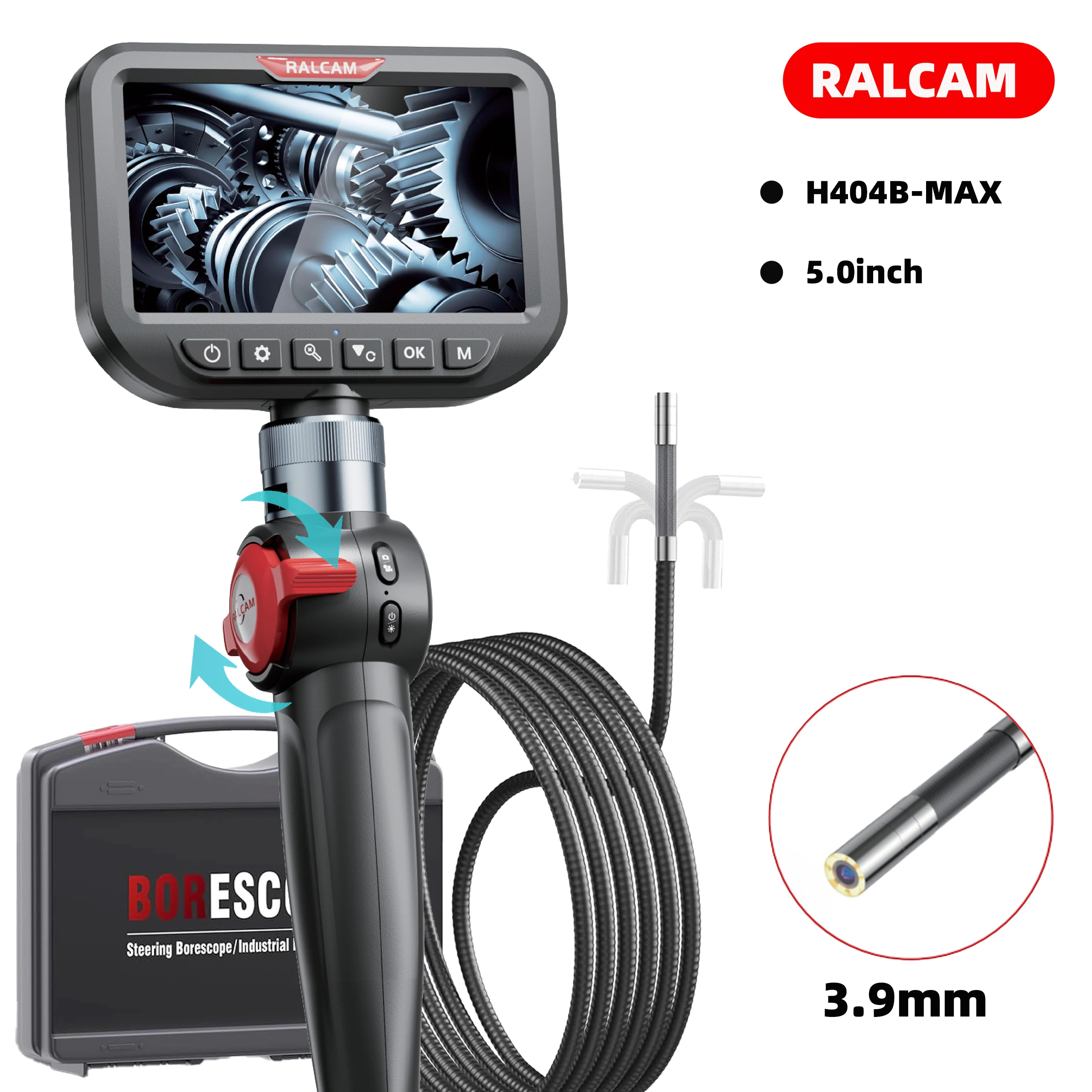 Ralcam Gelenk-Endoskop 2-Wege 180 ° Endoskop 3,9 mm Inspektionskamera 5,0 Zoll Bildschirmrohrkamera 10 LED-Leuchten halbstarres Kabel Image