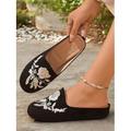 mules à enfiler pour femmes noires/jaunes à fleurs brodées avec semelle coussinée - chaussures décontractées confortables pour la maison et le quotidien