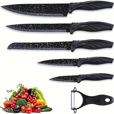 TEMU Set Of 5 Black Kitchen Knives, Including Steel Chef's Knife, Vegetable Knife, Peeling Knife, Slicing Knife, Knife. Comfortable Handle Grip, Dishwasher Safe. Image