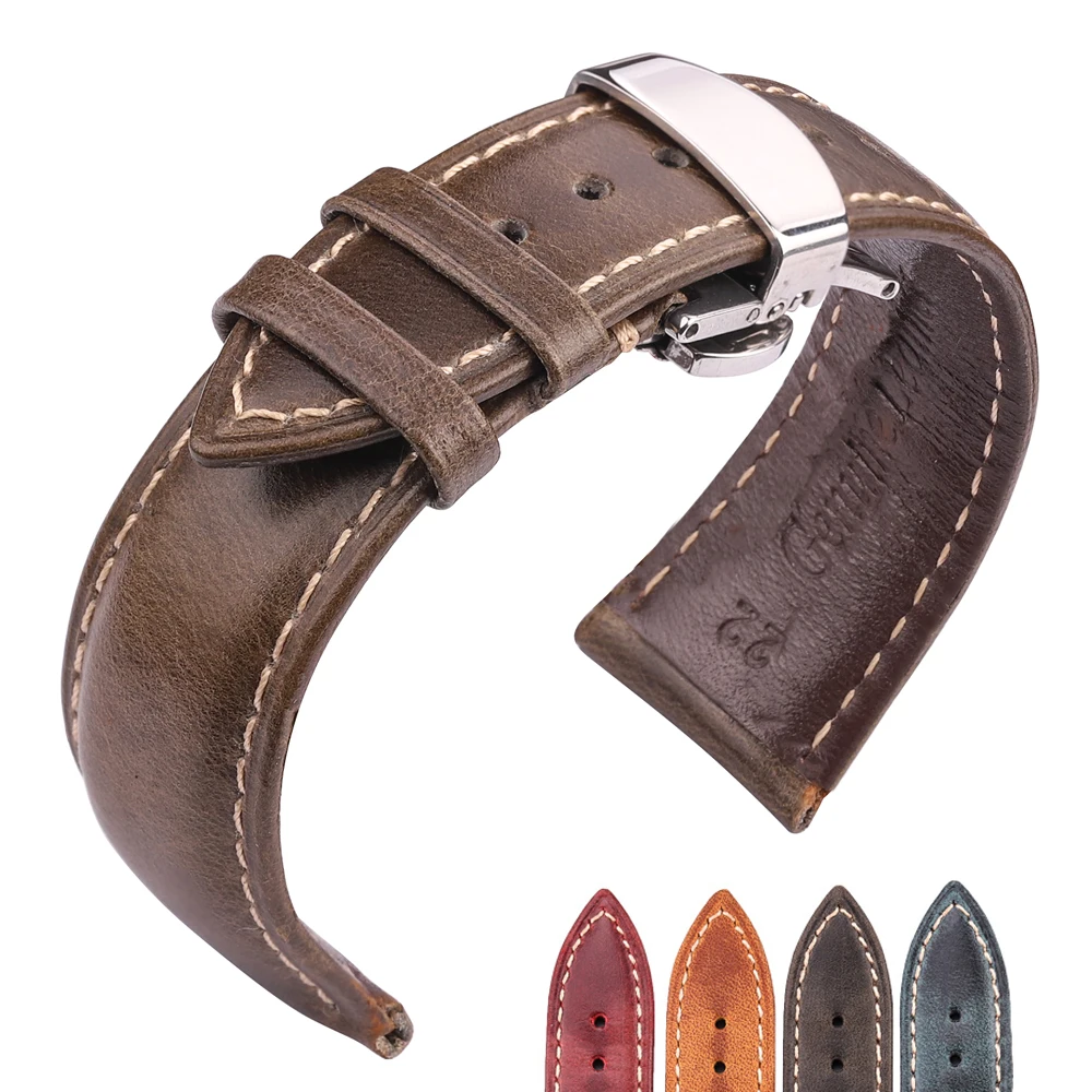Ölwachs-Rindsleder-Uhrenarmband für Damen und Herren, echtes Lederarmband, 18 mm, 20 mm, 22 mm, 24 mm, Stahl-Schmetterlingsschnalle, Blau, Rot, Grün Image