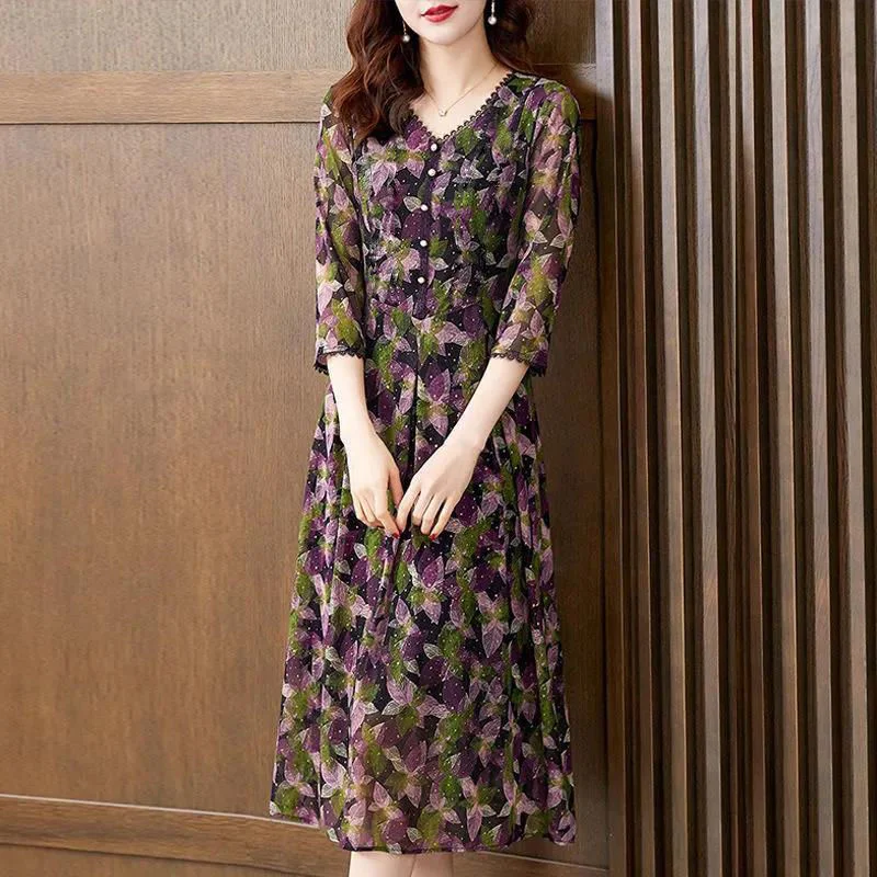 Elegante Vintage Frauen V-Ausschnitt langes Kleid Frühling Sommer 3/4 Ärmel schlanke Tuniken neue große Größe Pullover schicke Mode lässig Sommerkleid