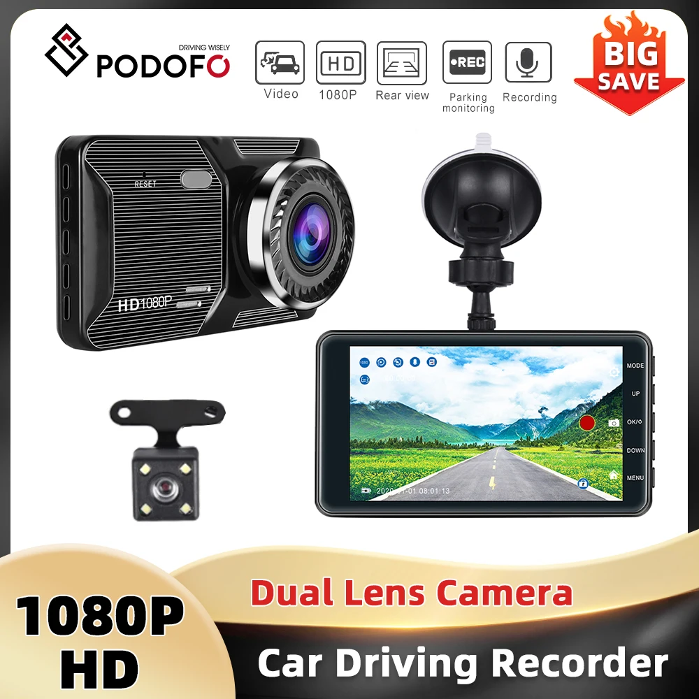 Podofo 4'' 1080P Car DVR 150° Wide-angle Double Lens Car Mirror Recorder Waterproof IP66 Drive Recorder Car Rear View Mirror Image