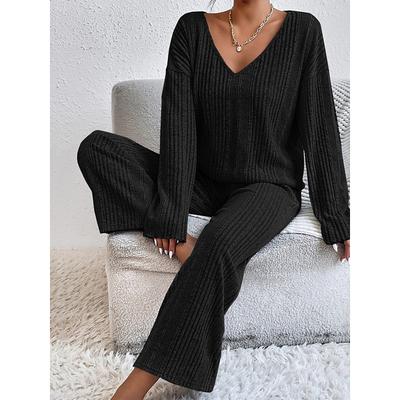 Women's Pajama Set Casual Comfort Pure Color Elastic Waist T Shirt Pant Home Daily Long Sleeve V Neck Black Light Grey Beige Spring Fall Winter Regular Fit