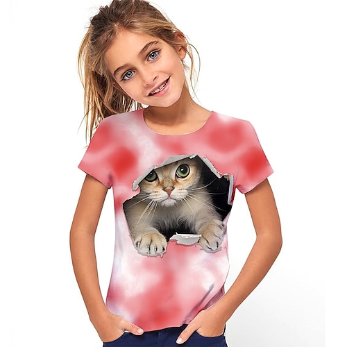 Mädchen 3D Katze T-Shirt Kurzarm 3D-Druck Sommer Aktiv Kuschelig Polyester kinderkleidung 3-12 Jahre Outdoor Täglich Regular Fit Image