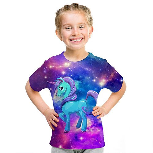 Kinder Mädchen T-Shirt T-Shirt Kurzarm Schmetterling Katze Pferd Farbblock 3D-Tierdruck Seeblau Marineblau Kinder-Oberteile Basic Streetwear niedlich Image