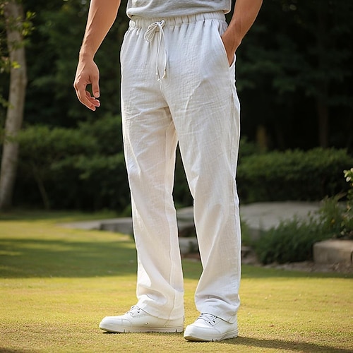 Herren Leinenhosen Hose Strandhose Kordelzug Tasche Einfach Komfort Atmungsaktiv Täglich Stilvoll HipHop Schwarz Weiß Mikroelastisch Image