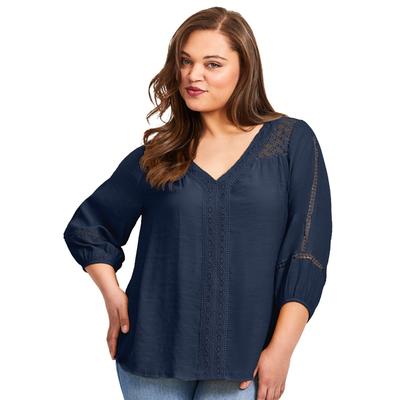Plus Size Women's Embroidered Lace Detail Peasant Blouse by Avenue in Navy (Size 14)