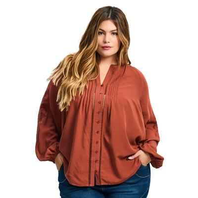 Plus Size Women's Gabby Embroidered Pintuck Shirt by Avenue in Rust (Size 26/28)