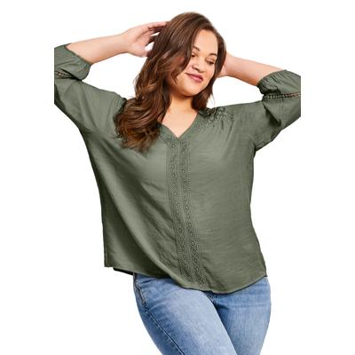 Plus Size Women's Embroidered Lace Detail Peasant Blouse by Avenue in Olive (Size 26/28)