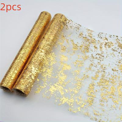 TEMU 2 Pieces Of 28cm*275cm Golden Thin Mesh Hot Flag Roll Suitable For Weddings, Valentine's Day, Events, Parties, Birthday Gatherings, Table Decorations Image