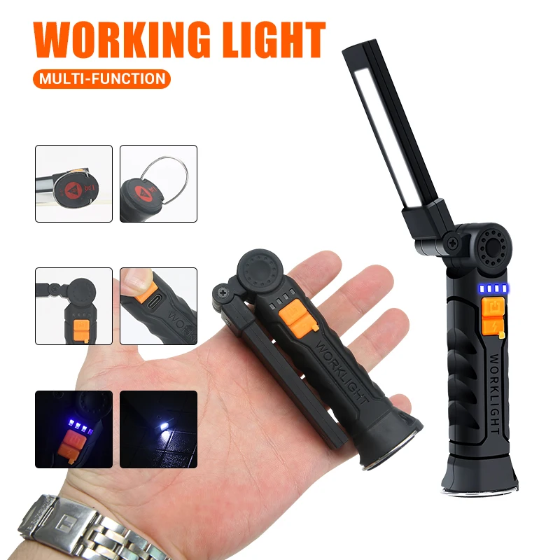 Heinast USB-Taschenlampe, wiederaufladbar, Werkzeug, Geschenke für Männer, LED-Arbeitsleuchte mit Magnetfuß, 4 Modi für Zuhause, Outdoor, Camping