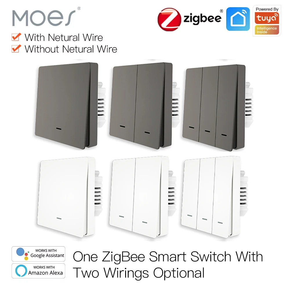 MOES Smart Lichtschalter Tuya ZigBee Kein Neutralleiter Kein Kondensator erforderlich Smart Life 2/3-Wege Funktioniert mit Alexa Google 2mqtt Image