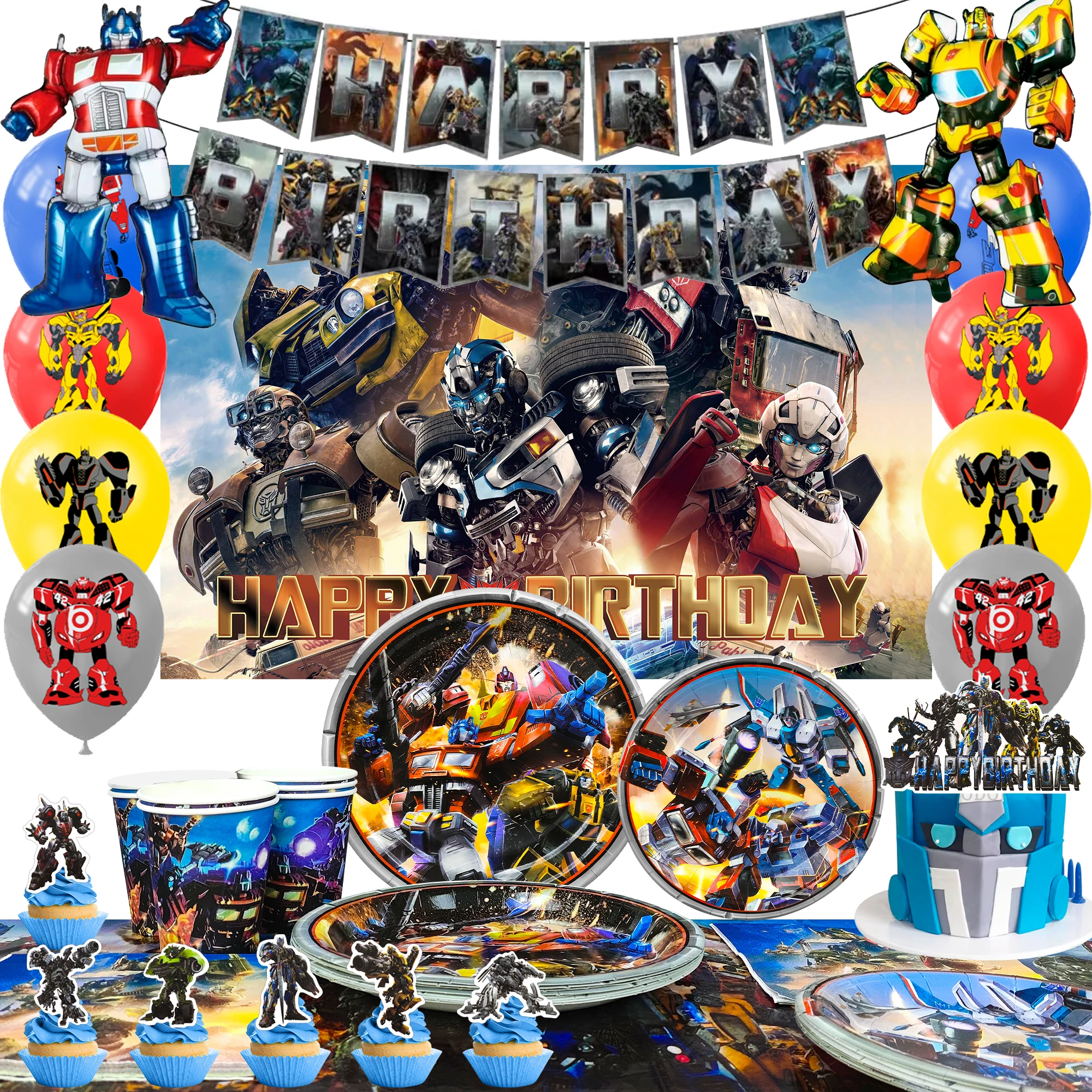 84-teiliges Transformers Geburtstagsdekorations- und Tischgeschirr-Set - Transformers Teller, Tischdecke, Banner usw. Transformers Geburtstagsparty-Zubehör Image