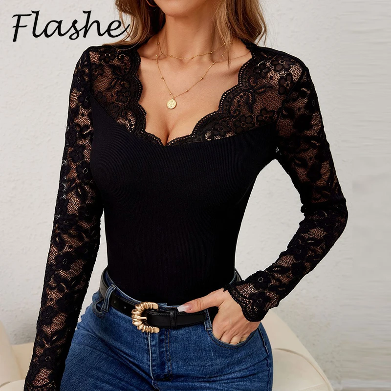 Sexy T-shirts Für Frauen V-ausschnitt Spitze Langarm T-Shirts Weibliche Mode Aushöhlen T Tops Grün Rot Schwarz Shirts