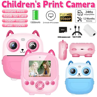 Children Digital Camera Instant Print for Kids Thermal Print Camera Instant Photo Printing Camera Video Toys+32G Memory Card
