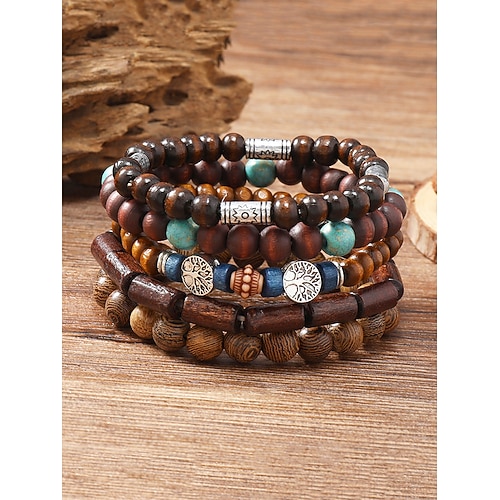set di braccialetti di perline di legno multistrato da uomo, gioielli fatti a mano in stile bohémien per abbigliamento casual e da spiaggia