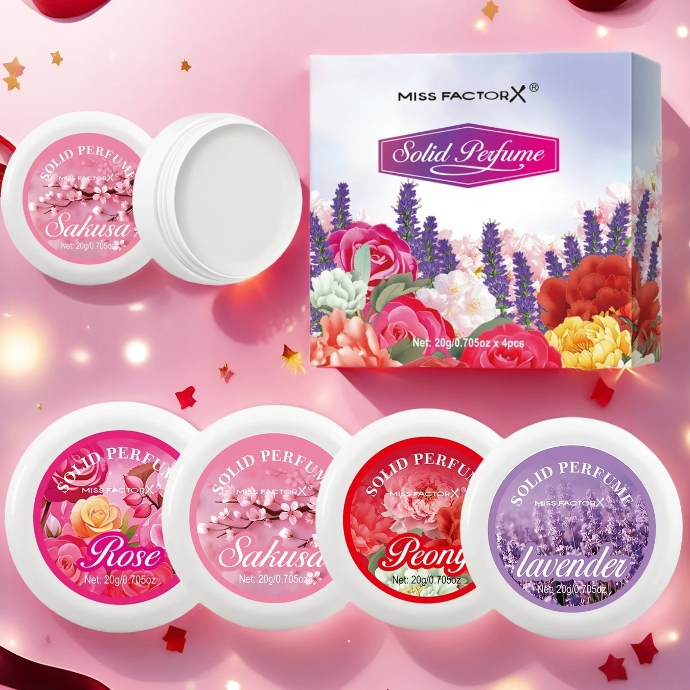 4 Teile/schachtel Körpercreme Geschenkset Tragbares festes Parfüm Rose, Pfingstrose, Lavendel, Kirschblüte, frisches Weihnachtsgeschenk mit Blumenduft Image
