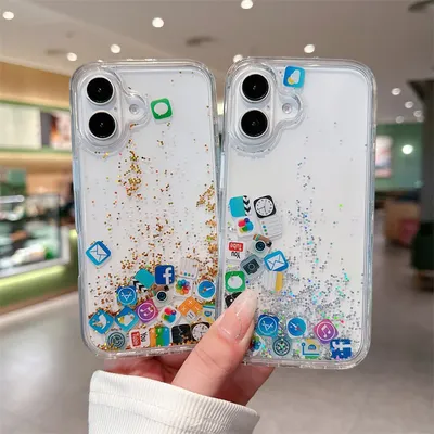 INS Apple App Icon Glitter Phone Case For iPhone 16 15 14 13 12 11 Pro Max Plus X XR XS MAX Liquid