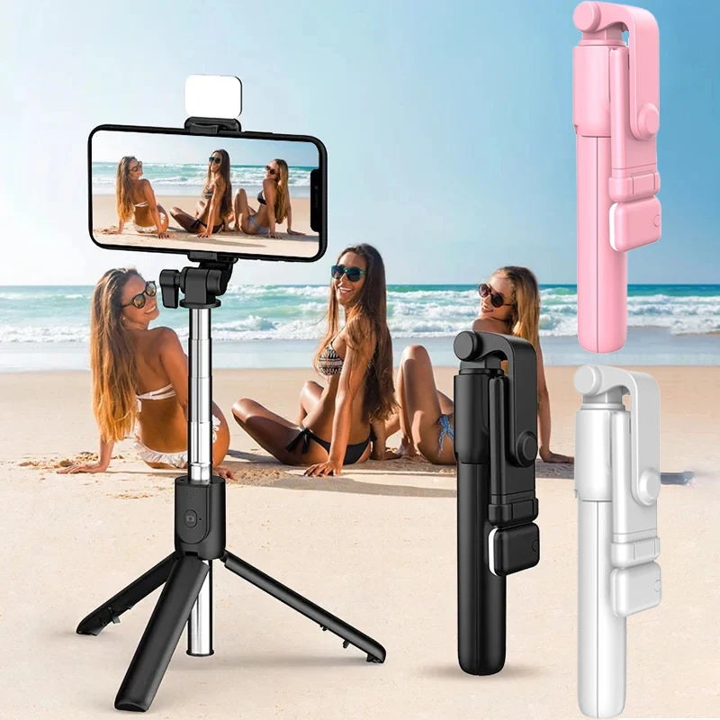 Kabelloses Bluetooth-Selfie-Stick-Stativ mit ausziehbarem Fernbedienung stativ mit abnehmbarem LED-Selfie-Licht für iOS-Android-Smartphone Image