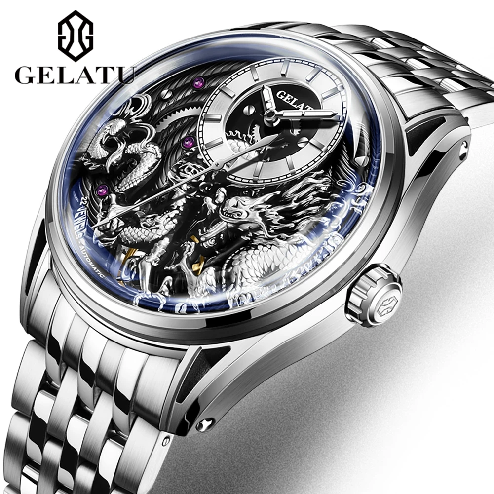 Gelatu Dragon Gravur Zifferblatt automatische mechanische Uhr für Männer Stahl wasserdichte Herren uhren Top-Marke Luxus Reloj Hombre Image