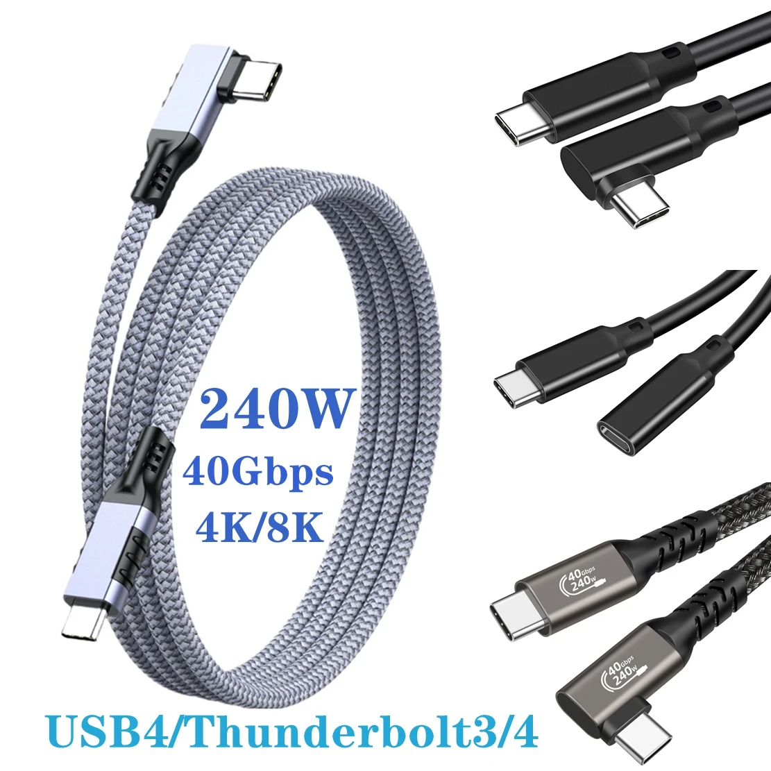 USB4 USB C zu Typ C 4K 20Gbps Datum Gen3 8K Kabel PD 240W 3M 5M Schnellladegerät 90 Grad Winkelkabel für Xiaomi Huawei MacBook iPad Image