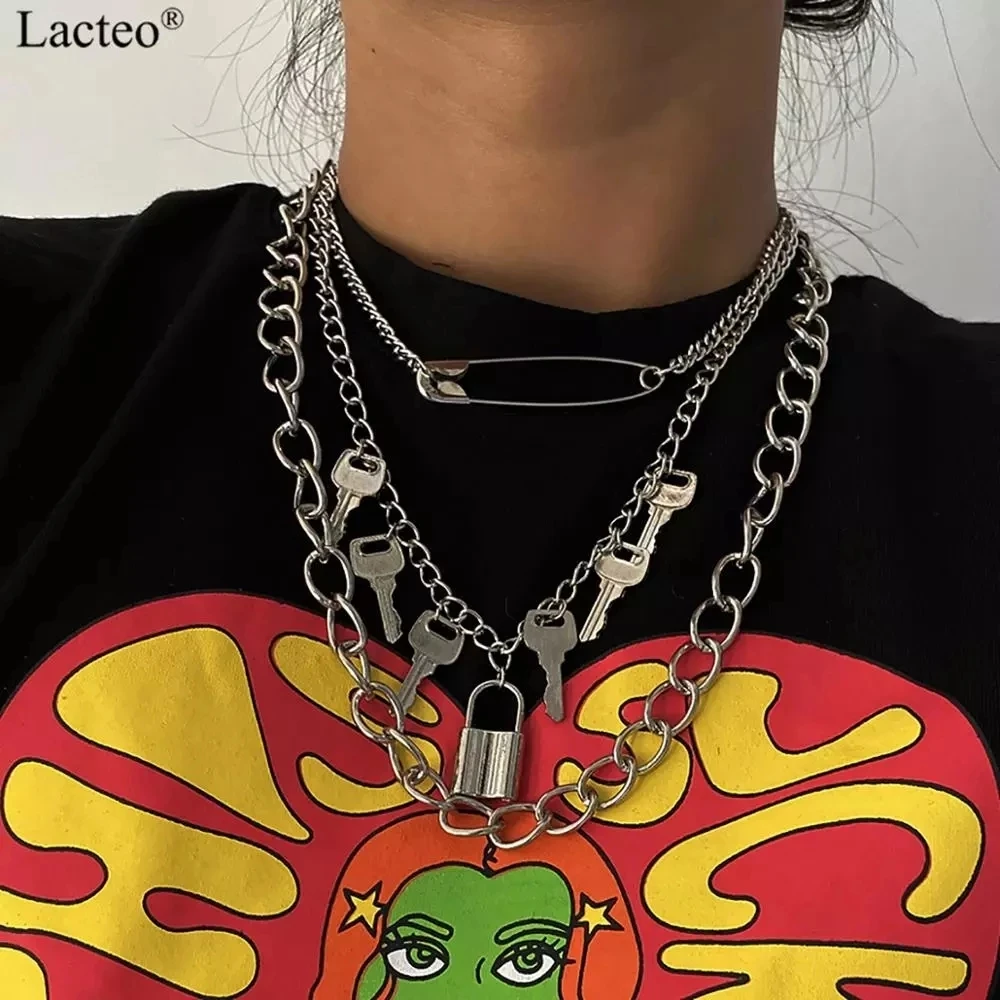 Lacteo Dark Gothic Big Lock Schlüssel Engel Anhänger Halskette Punk Hip Hop drei Stil Choker Halskette Schmuck für Männer und Frauen Geschenk
